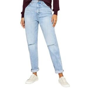 Loft Women Size 29 Boyfriend Jeans High Waisted Blue Cotton Zip Fly Busted Knee